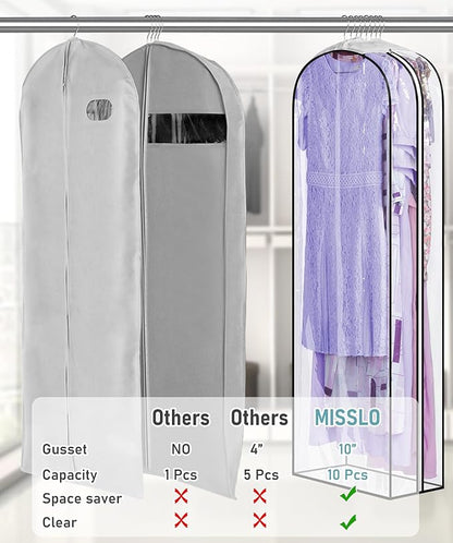MISSLO 10" Gusseted All Clear Garment Bags for Hanging Clothes 60" Dress Bags for Gowns Long Fur Coat Closet Storage Covers, 3 Packs