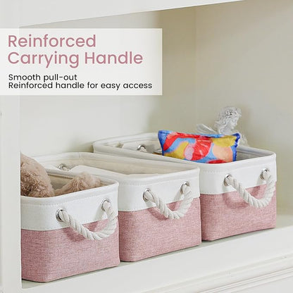Storage Baskets for Shelves 11.8x7.9x5.2 Inch, Foldable Fabric Storage Bins with Handles, Small Storage Baskets for Organizing Closet, Office, Home Organization (1-Pack, White&Pink)