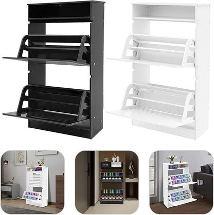 Free Standing Shoe Rack for Entryway, Hidden Narrow Shoe Storage Cabinet w/2 Flip Drawers, Shoe Organizer Cabinet for Bedroom Hallway Home Apartment (White)
