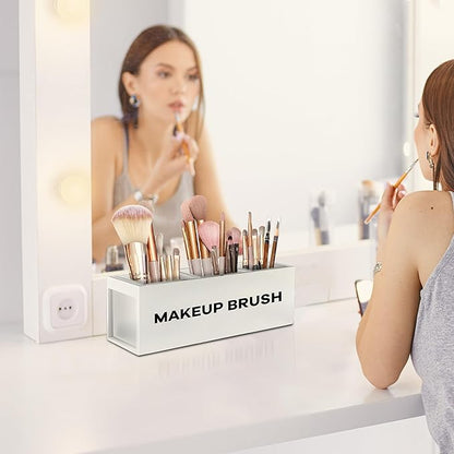 Suli Large Makeup Brush Holder Organizer, Wooden Cosmetic Brushes Storage with 3 Slots, Eyeliners Display Case for Vanity Desktop Bathroom Countertop -White
