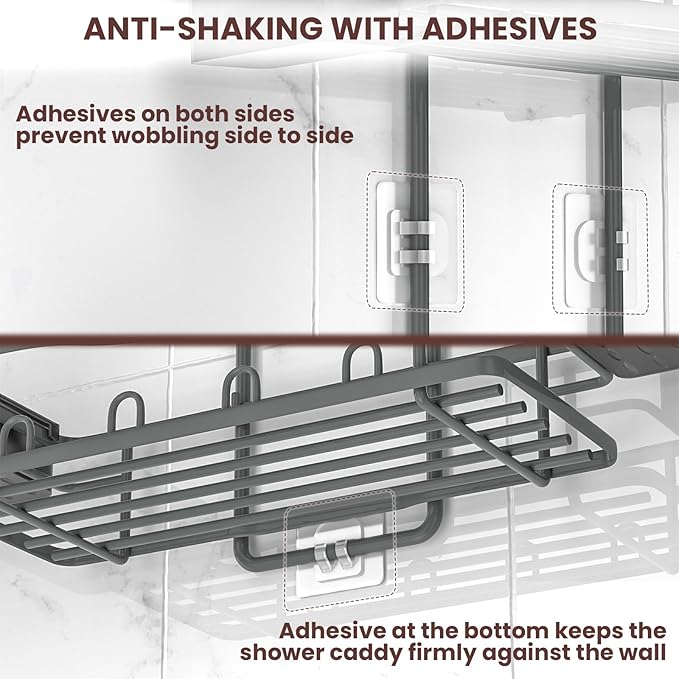 REINHARDT Shower Caddy Hanging, Rustproof Bathroom Caddy Anti-Swing Shower Organizer No Drilling Bath Racks with Soap Holder Multi Hooks Bathroom Storage for Shampoo Sponge, Grey