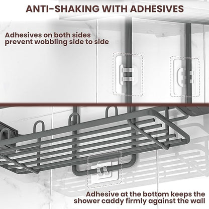 REINHARDT Shower Caddy Hanging, Rustproof Bathroom Caddy Anti-Swing Shower Organizer No Drilling Bath Racks with Soap Holder Multi Hooks Bathroom Storage for Shampoo Sponge, Grey