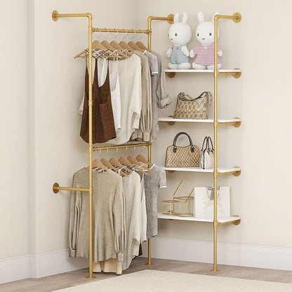 Industrial Pipe Clothing Rack, Heavy Duty Adjustable Garment Hanger with Shelves, 2 Installation Methods Closet Storage System for Wardrobe Organization (Gold, 80" H x 55" W)