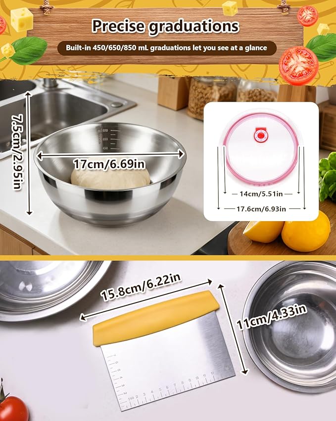 3 Pack Pizza Dough Proofing Containers, 29 oz/850 ml Stainless Steel Proofing Box with Clear Airtight Lids, Stackable Fermentation Storage for Pizza, Bread, Sourdough, Includes Dough Cutter