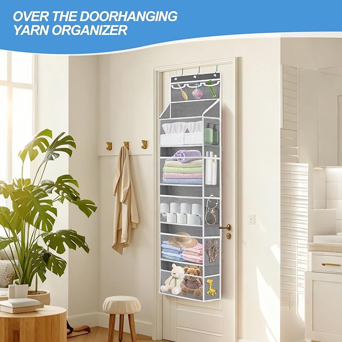 Over the Door Organizer with 5 Large Pockets, 5+3 Tiers Shelf Hanging Door Organizer, Adjustable Hanging Closet Organizer with Side 10 Mesh Pockets Heavy-Duty Non-Woven Fabric Fit Toys Shoes Diapers