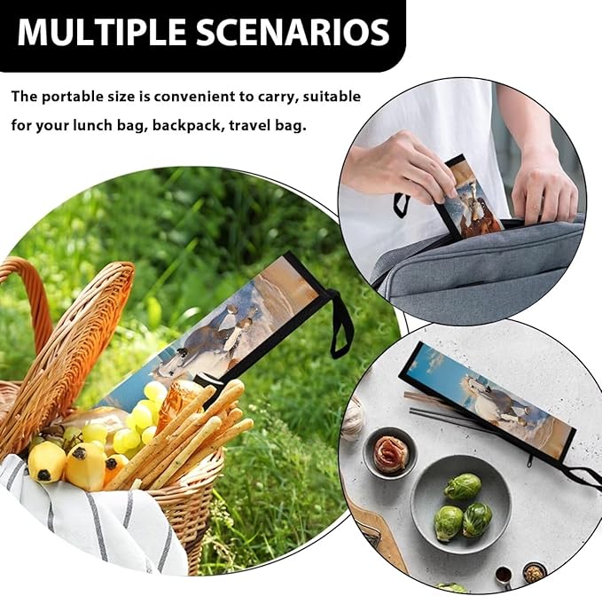 COEQINE Beach Horses Funny Utensil Case Silverware Bag Portable Leak-proof for Home Outdoor Portable Lightweight Travel Cutlery Pouch Metal Straws Case