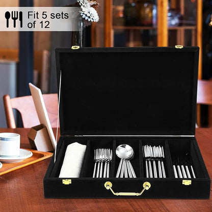 Pickmesh Silverware Case with Lid and Handle, Silverware Storage Box Sterling Silver Flatware Chest Without Silver Tarnish Proof Utensils Organizer for Kitchen Decor Wedding Gifts(Black,1 Layer)
