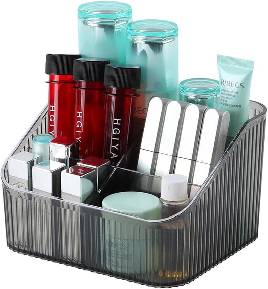 Black Makeup Brush Holder & Organizer for Vanity, Bathroom Countertop - 5 Cup Toiletry Organizer for Skincare, Perfume, Hairbrush, Sunglasses & Desk Accessories