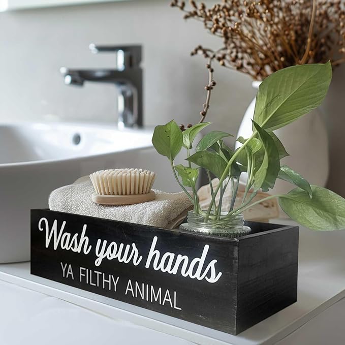 Bathroom Decor Box, Toilet Paper Basket 2 Sides Signs Farmhouse Bathroom Toilet Basket Tank Topper Rustic Farmhouse Home Decor for Livingroom Kitchen（One Black Box）