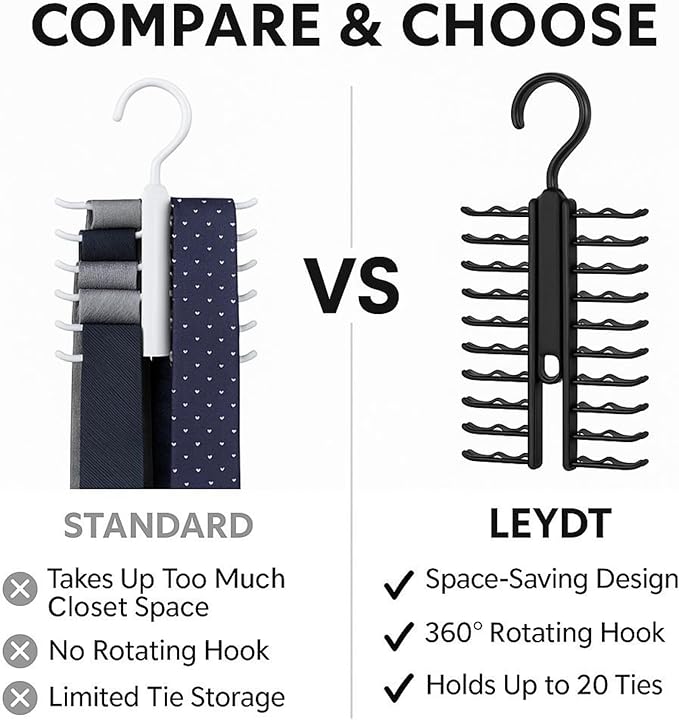 Tie Hanger for Men – 2 Pack Space-Saving Tie Organizer for Closet – Durable Plastic Scarf & Belt Hanger – 20-Tie Capacity Rack, Black – Closet Organizer for Ties, Scarves & Accessories