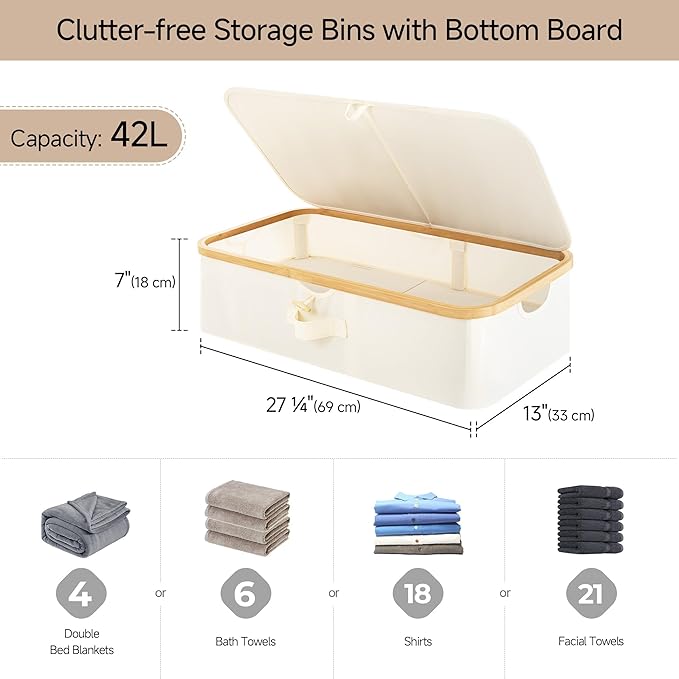 StorageWorks Underbed Storage Containers with Lids, 2-Pack 7" Low Profile Under Bed Storage Box with Bamboo Frame for Clothes, Bedding, Blankets and Shoes, 42L Sturdy Fabric Organizer, Beige