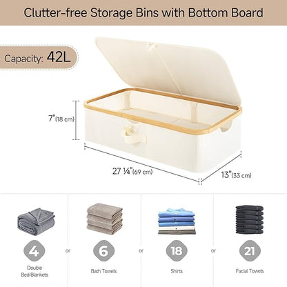 StorageWorks Underbed Storage Containers with Lids, 2-Pack 7" Low Profile Under Bed Storage Box with Bamboo Frame for Clothes, Bedding, Blankets and Shoes, 42L Sturdy Fabric Organizer, Beige