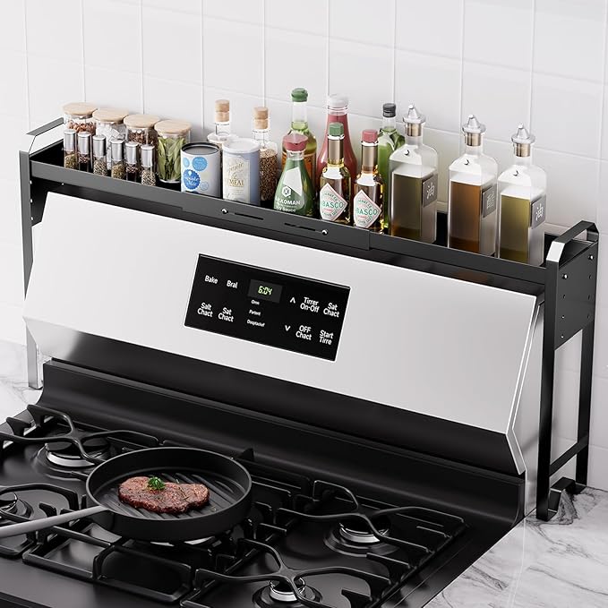 Kitchen Spice Rack Over The Stove, Shelf for Back of Stove, Stove Top Shelf for Seasoning Organizer, Over Oven Shelf, Countertop, Expandable Length 27.3''-32.6'', 4 Adjustable Height (Black, Normal)