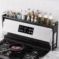 Kitchen Spice Rack Over The Stove, Shelf for Back of Stove, Stove Top Shelf for Seasoning Organizer, Over Oven Shelf, Countertop, Expandable Length 27.3''-32.6'', 4 Adjustable Height (Black, Normal)