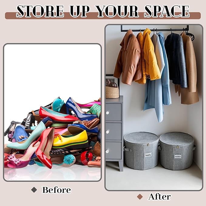 Ripeng 2 Pack Round Shoe Organizer for Closet, Cylindrical Shoe Storage Organizer with Removable Dividers and Lid, Foldable Closet Container Round Compartment Bins for Home (D17 X H13.2,Rectangular)