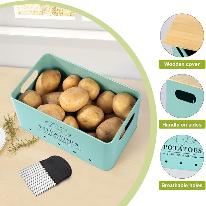 Kitchen Vegetable Storage Set of 3, Metal Onion Garlic Potato Storage Set, Kitchen Canisters Vegetable Keeper Containers with Aerating Holes and Wooden Lid (Blue)