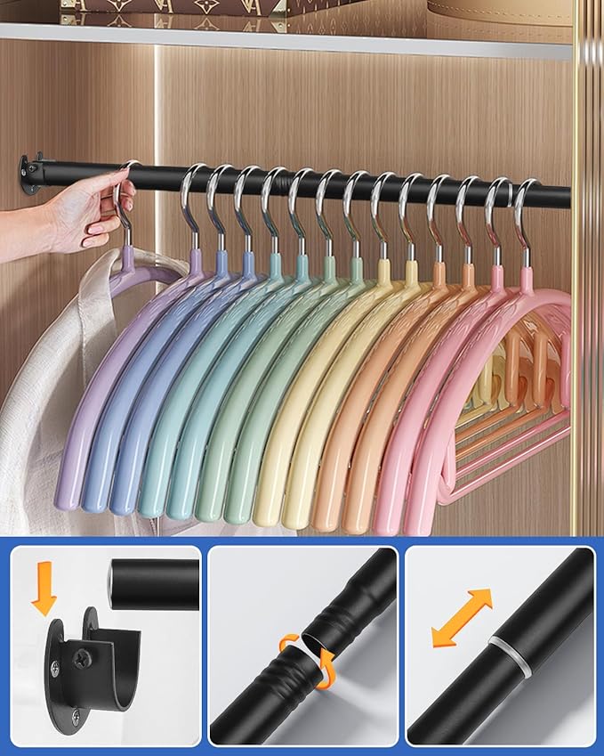 Closet Rods for Hanging Clothes - Heavy Duty, Length Adjustable (Black, 66.5" - 76")