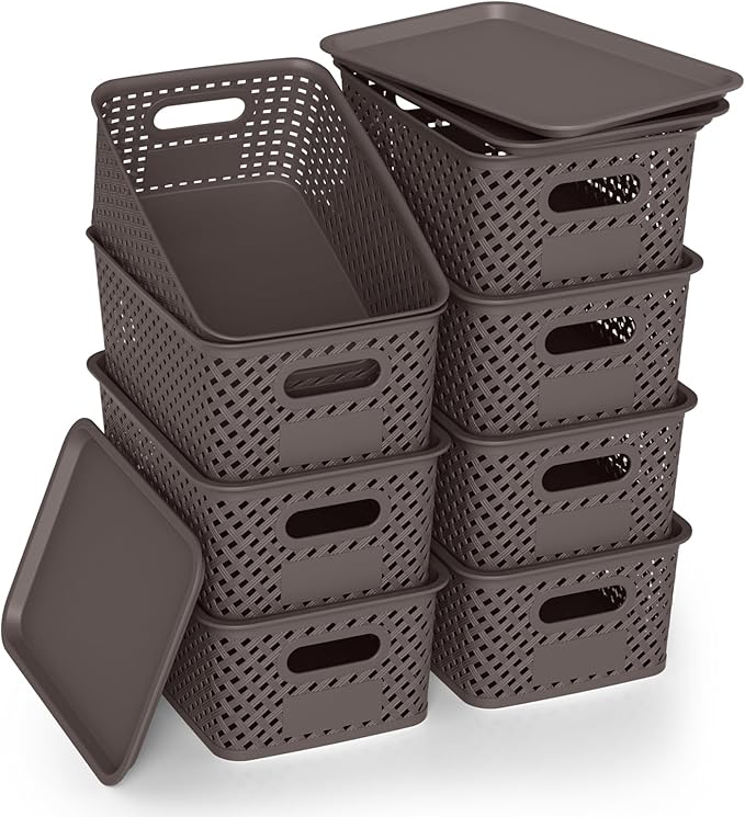 Plastic Storage Bins with Lid, Stackable Small Box Basket for Organizing and Containers for Shelves Drawers Desktop Closet Playroom Pantry Classroom Office Home, 8-pack 10.2x7.2x4.1 Inch, Brown