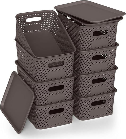 Plastic Storage Bins with Lid, Stackable Small Box Basket for Organizing and Containers for Shelves Drawers Desktop Closet Playroom Pantry Classroom Office Home, 8-pack 10.2x7.2x4.1 Inch, Brown