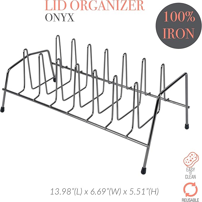 Kitchen Details 8 Section Lid and Plate Organizer | Free Standing | Pot, Pan & Cutting Board Holder | Cabinet Pantry and Countertop Organization | Onyx