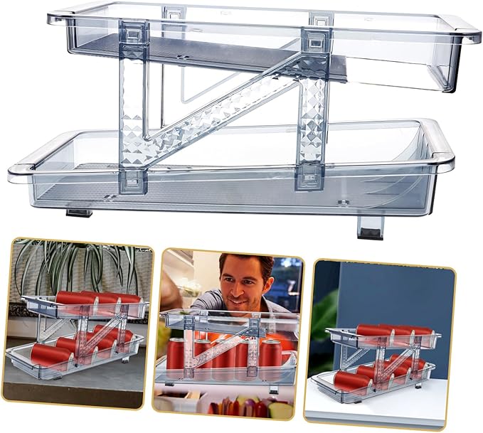 Double Tier Beverage Organizer Rack Rolling Soda Can Holder for Refrigerator Convenient Beer and Drink Dispenser Space-saving Storage for Kitchen and Pantry