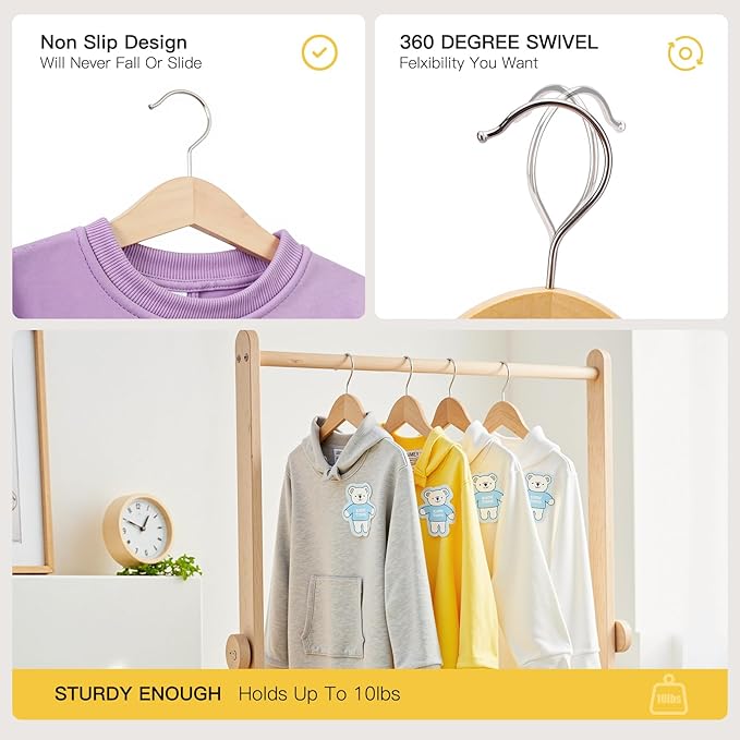 Kid Hangers 18 Pack Soild Wooden Hanger,Natural Smooth Finish Wooden Baby Hangers with Non Slip Notches & Anti-Rust 360 Swivel Hook,Durable Toddler Hanger for Coat,Shirt,Dress