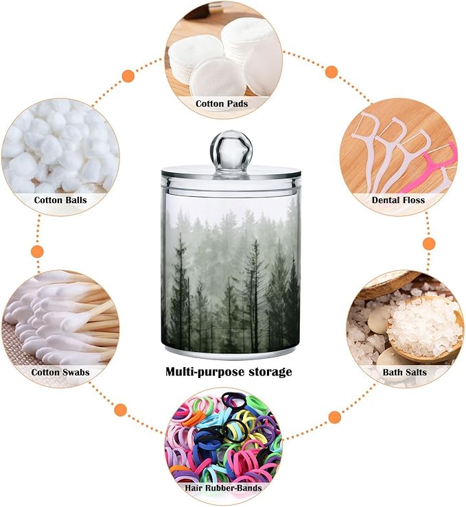 Qilmy Pine Trees Qtip Holder 2 Pack, 14 oz Apothecary Jars Bathroom Vanity Organizer Canister for Qtips, Cotton Swabs, Cotton Balls, Cosmetic Pads, Flossers, Bath Salts