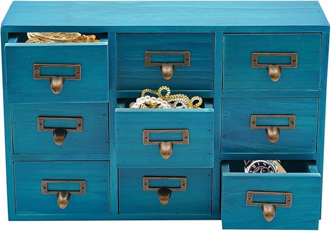 Schreibtisch-Organizer mit 9 Schubladen, Apothekerschrank, Schubladen-Organizer mit Etiketten und Metallgriffen, blau