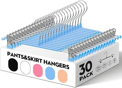 HUADYMEET 30 Pack 12Inch Pants Hangers with Clips,Metal Trouser Hanger for Jeans.Space Saving Skirt Hangers Heavy Duty Non-Slip Adjustable Clothes Shorts Hanger for Women,Men,Sky Blue