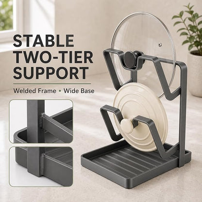 Pot Lid Holder for Countertop with Spoon Rest, Double-Layer Carbon Steel Lid Organizer with Removable Drip Tray, Stove Top Utensil Holder, Includes Silicone Mat