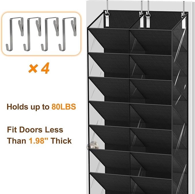 UVIAHOMI 20-30 Pairs Over the Door Shoe Organizer, Clear Pockets Hanging Shoe Storage for Closet, 10-Tier Door Shoes Rack, Handing Shoes Holder Fit All the Family's Sneakers, Boots, Heels, Black