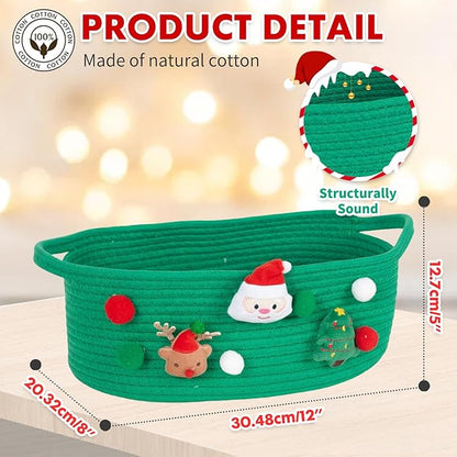 ShellKingdom Storage Basket with Handles, Empty Gift Basket with Gift Bags and Ribbon for Christmas, Small Woven Baskets for Home, Nursery Storage Organizer, 12 X 8 X 5 INCH, Christmas Green