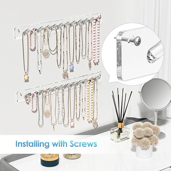 MaxGear Necklace Holder Wall 2-Pack, Clear Acrylic Jewelry Organizer with 24 Hooks, Tangle-Free Display for Necklace, Bangles, Ring, Bracelet Storage, Perfect for Bathroom, Vanity, Closet Door