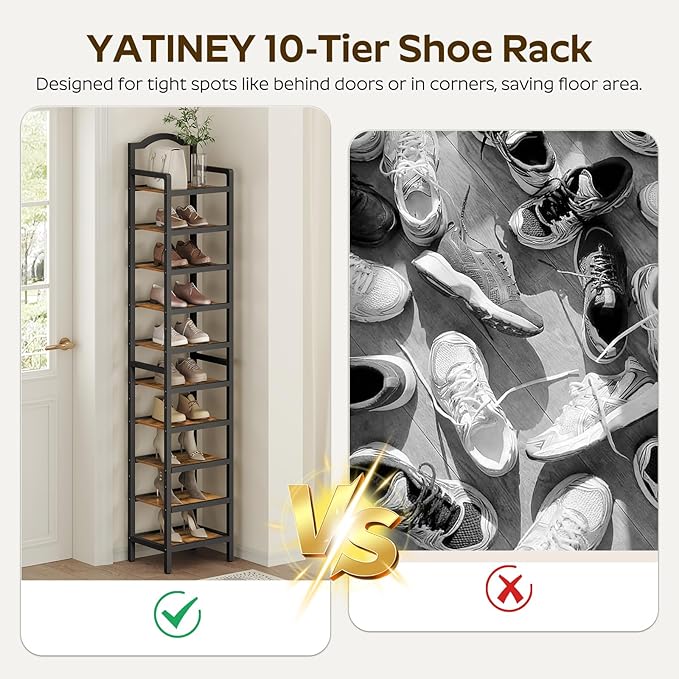 YATINEY 10-Tier Tall Shoe Rack, Vertical Shoe Organizer for Small Spaces, Wooden Shoe Shelf for Entryway, Space Saving Shoe Storage, Holds 10 Pairs of Shoes, Rustic Brown and Black SS50BR