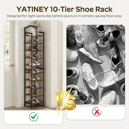 YATINEY 10-Tier Tall Shoe Rack, Vertical Shoe Organizer for Small Spaces, Wooden Shoe Shelf for Entryway, Space Saving Shoe Storage, Holds 10 Pairs of Shoes, Rustic Brown and Black SS50BR