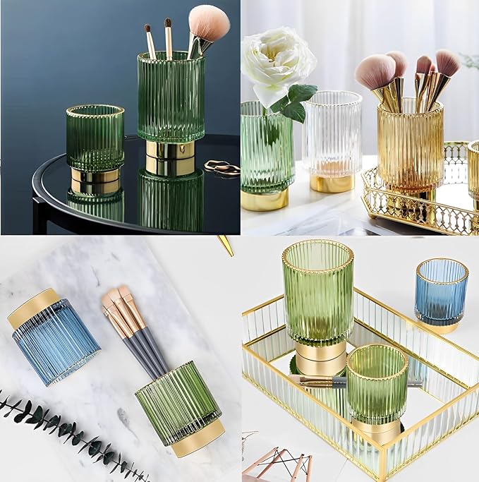 Makeup Brush Holder Organizer, Heavy Crystal Glass Brush Storage Holder, Vintage Cosmetic Make Up Bathroom Brushes Cup Pen Pencil Toothbrush Holder Striped Vase (S+L (green))