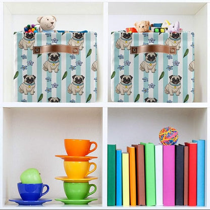 Large Storage Basket Bin Cute Cartoon Pugs Storage Cube Box Foldable Canvas Fabric Collapsible Organizer with Handles for Home Office Closet