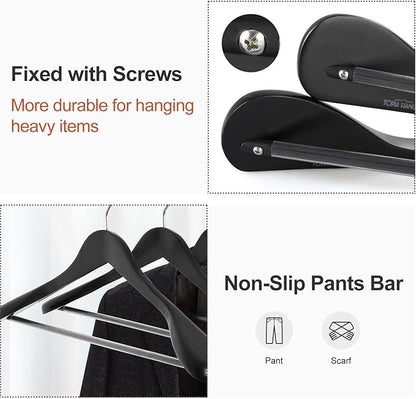 TOPIA HANGER Wide Shoulder Wooden Hangers, Suit Hangers with Non Slip Pants Bar & 360° Swivel Hook, Solid Wood Heavy Duty Coat Hanger, 6 Pack (Matte Black)-CT02B