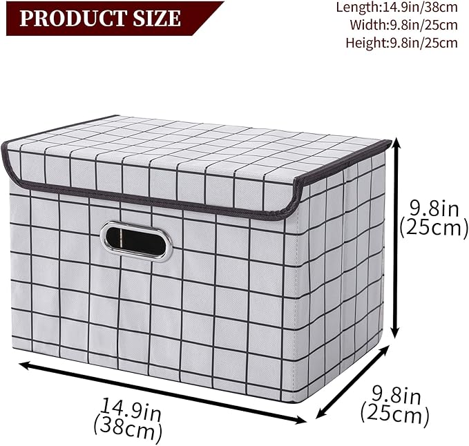 STOREONE Fabric Storage Cube Bins Foldable Organizer Container Collapsible Basket with Lids and Metal Handles, for Home, Bedroom, Closet 3 Pcs (White grid)