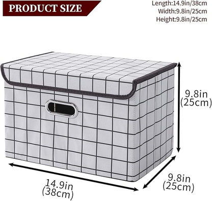 STOREONE Fabric Storage Cube Bins Foldable Organizer Container Collapsible Basket with Lids and Metal Handles, for Home, Bedroom, Closet 3 Pcs (White grid)