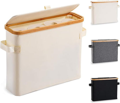 Toilet Paper Storage Basket with Lid, Bamboo Toilet Paper Storage Holder Stand Organizer for Bathroom, Toilet Paper Storage Box Container with Handle Bin for RV Closet, Beige