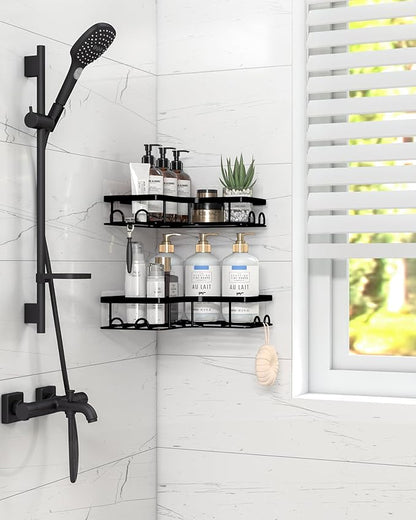 Sakugi Corner Shower Caddy - 2 Pack, Adhesive Shower Organizers, Rustproof Stainless Steel Shower Shelves with 8 Hooks, No Drilling Bathroom Organizers and Storage Racks, Space-Saving, Black, Medium
