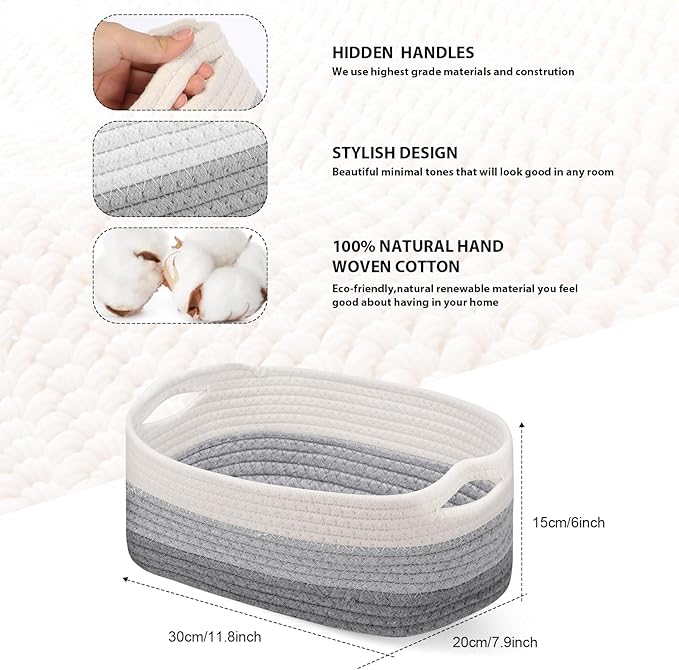 Sawysine 6 Pcs Storage Baskets Bulk for Organizing Cotton Rope Woven Basket with Handles for Gift Cloth Shelves Blanket Toys Living Room(Gray and White)