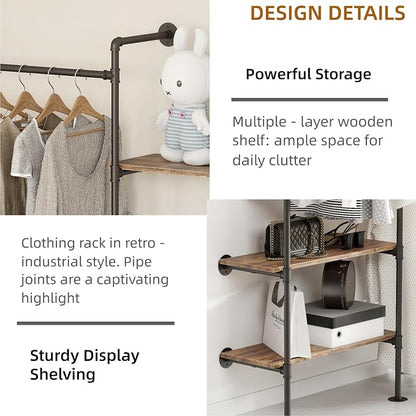 Industrial Pipe Clothing Rack, Heavy Duty Adjustable Garment Hanger with Shelves, 2 Installation Methods Closet Storage System for Wardrobe Organization (Black, 80" H x 55" W)
