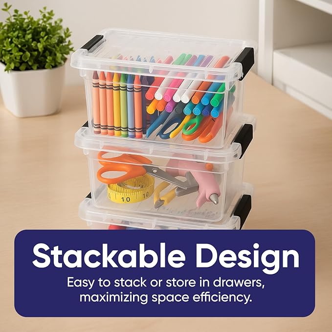 Superio Mini Storage Container Plastic Crayon Box Art Supplies and Sewing Case Stackable Clear Small Organizer for Beads, Stationery, Chalk, and Food, 1.05 Quart, 4 Pack