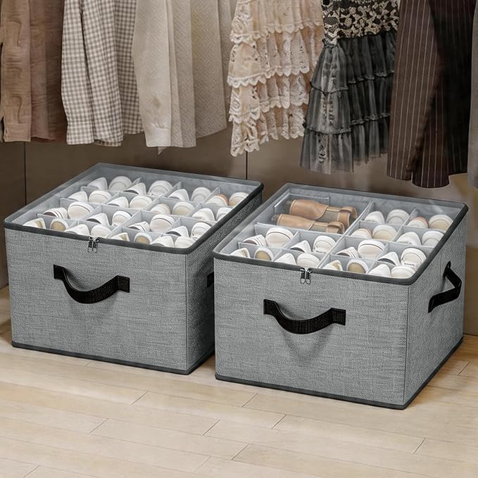 Adjustable Dividers Shoe Organizer Box 2 Pack – Clear Cover Shoe Storage Organizer for Closet, Holds 16-32 Pairs, Breathable Fabric, Foldable, Stackable, Perfect for Boots Sneakers Heels