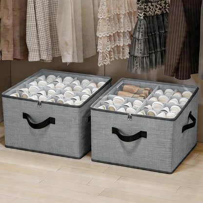 Adjustable Dividers Shoe Organizer Box 2 Pack – Clear Cover Shoe Storage Organizer for Closet, Holds 16-32 Pairs, Breathable Fabric, Foldable, Stackable, Perfect for Boots Sneakers Heels