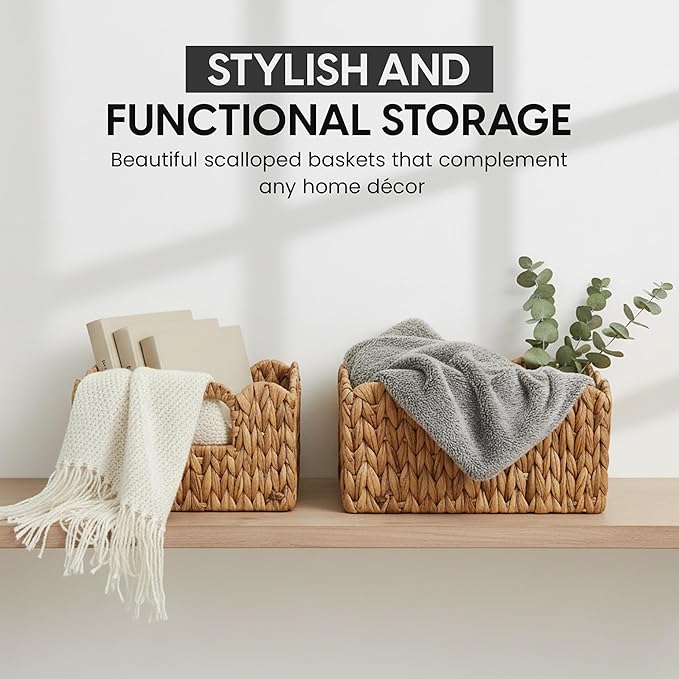 ByteX Scalloped Basket Set (2 Large Baskets) Water Hyacinth Wicker Storage Baskets for Nursery & Kids Books | Decorative Scalloped Edge Rattan Style Book Basket for Toys, Shelves & Decor