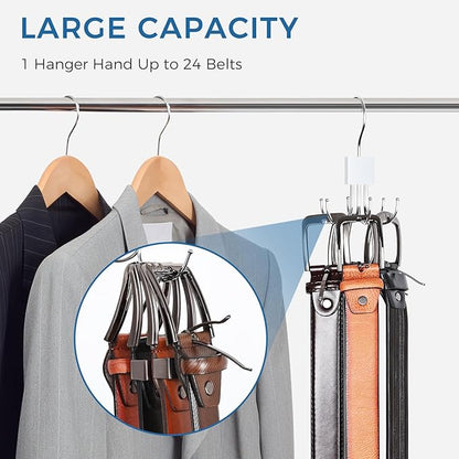 Belt Rack Hanger, Belt Hanger Organizer for Closet 360° Rotatable Max 24 Ties/24 Belts Storage Space Saving Closet Organizers and Storage for Belt, Bra, Tank Top, Tie, Scarf, Purse 2Pcs White