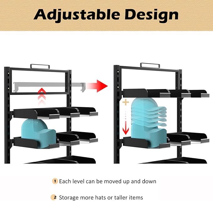 Large Hat Rack Stand - 6 Tier Adjustable Ball Cap Storage Organizer With 18 Plate Tray for 180 Baseball Hat,Standing Coat Rack, Commercial Home Use, Black Metal Shelving
